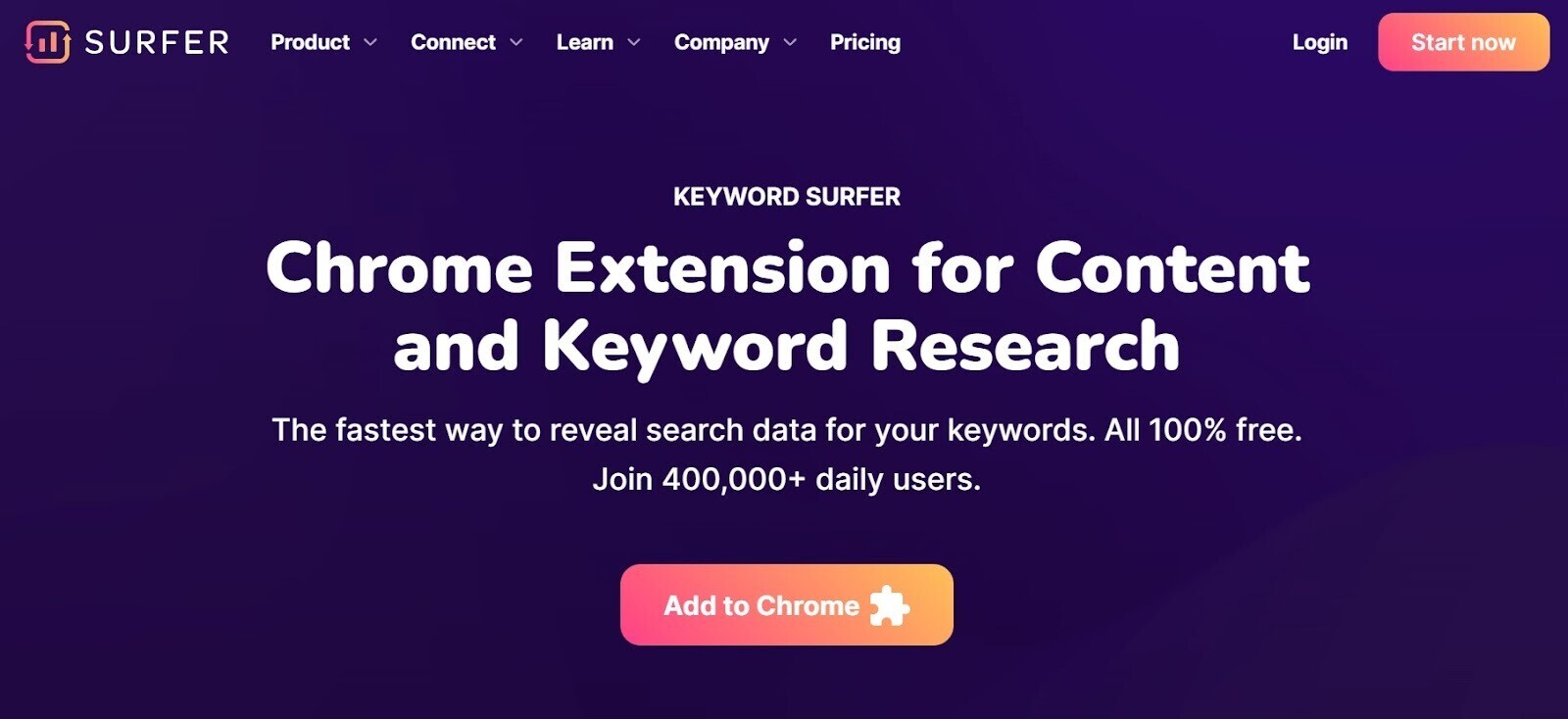 Keyword Surfer homepage with title "Chrome Extension for Content and Keyword Research" and "Add to Chrome" CTA