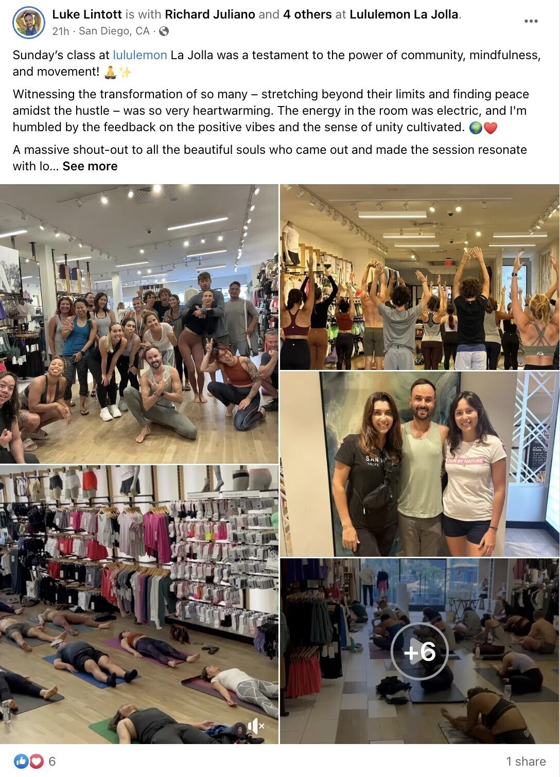 a Facebook post sharing pictures and experience from Lululemon in-store yoga classes