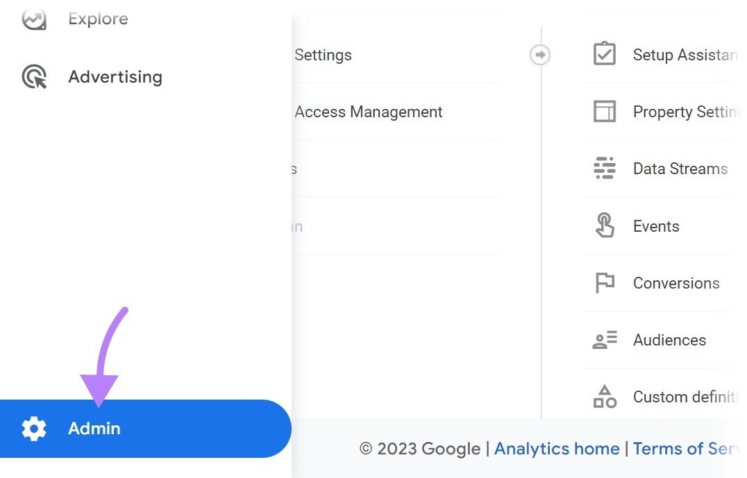 “Admin” button in the bottom left of the Google Analytics interface