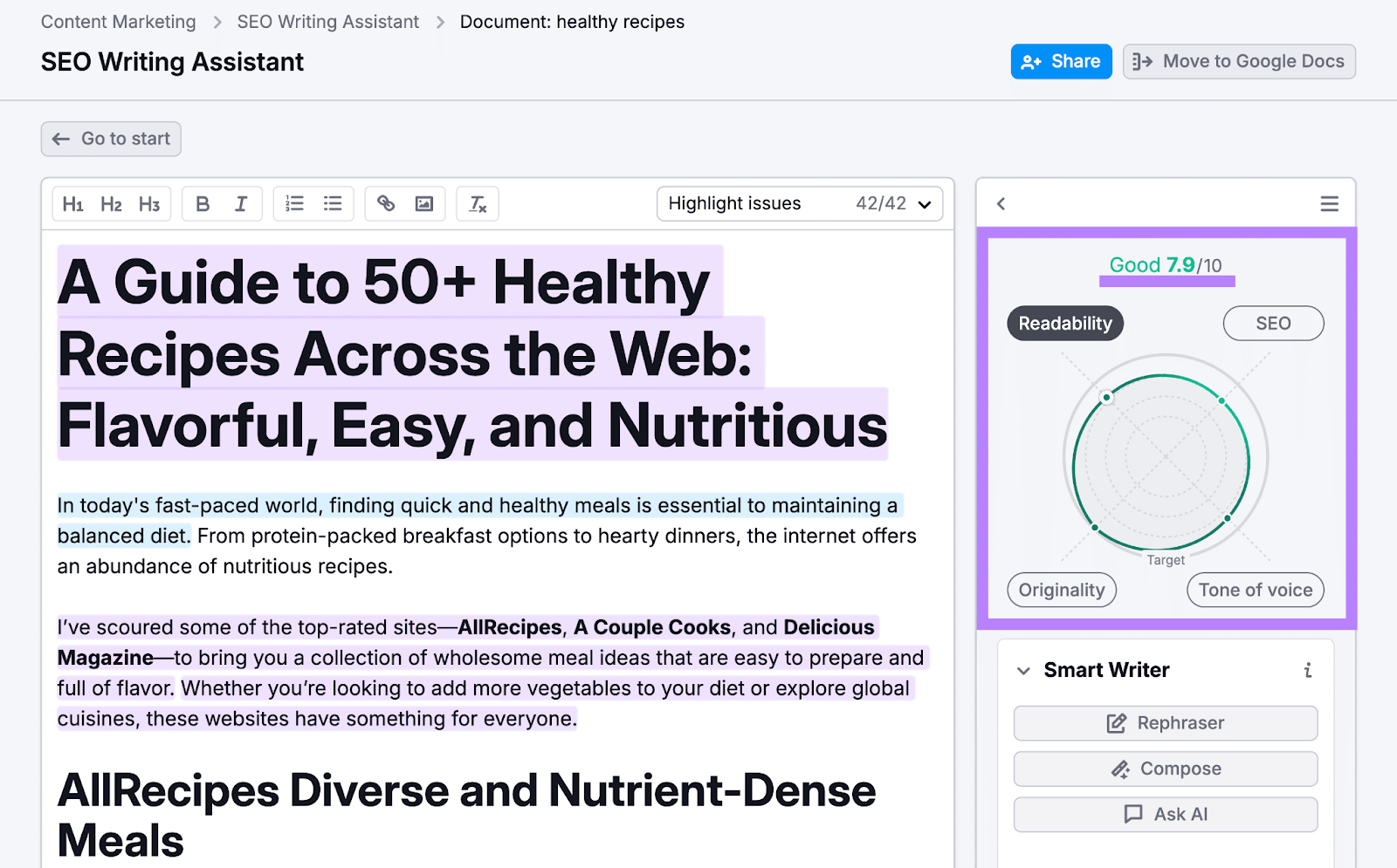 An article score of 7.9/10 as assessed by the SEO Writing Assistant