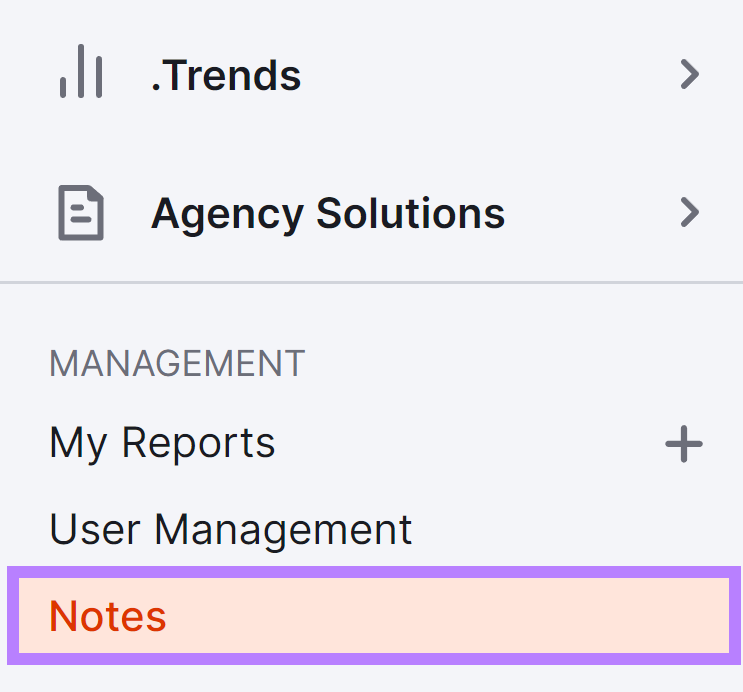 Notes option in the Semrush navigation selected and highlighted.