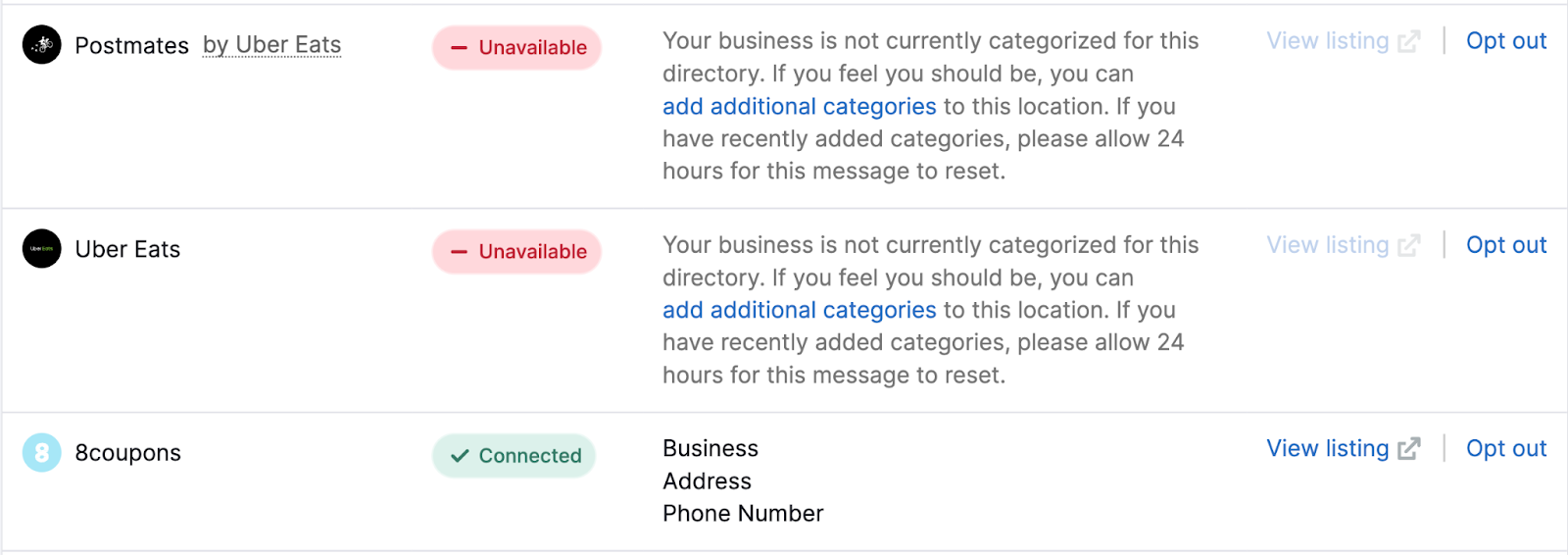 for this business, their listing is not found on postmates or uber eats but is connected in 8coupons