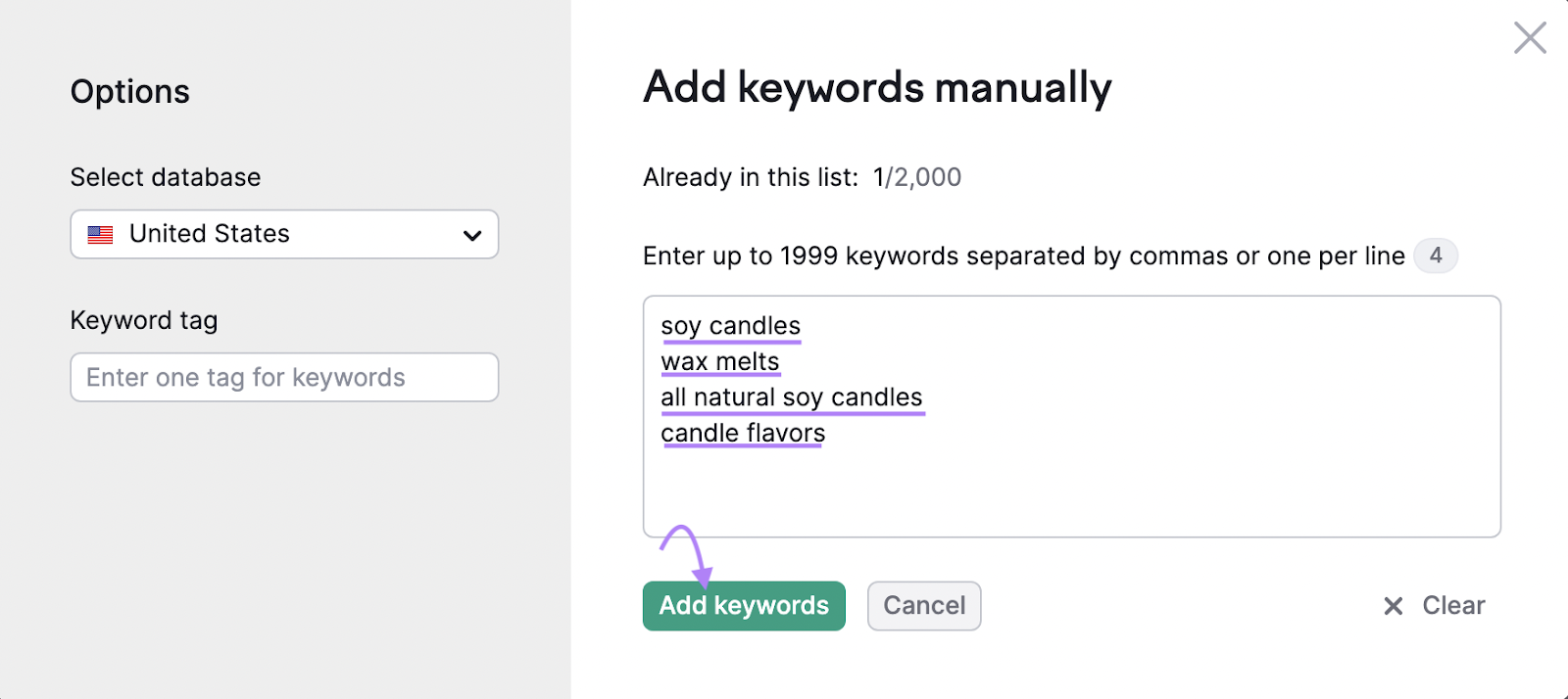 “Add keywords manually” page