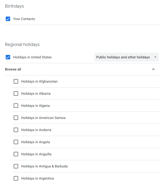 "Birthdays" and "Regional holidays" section in Google Calendar settings