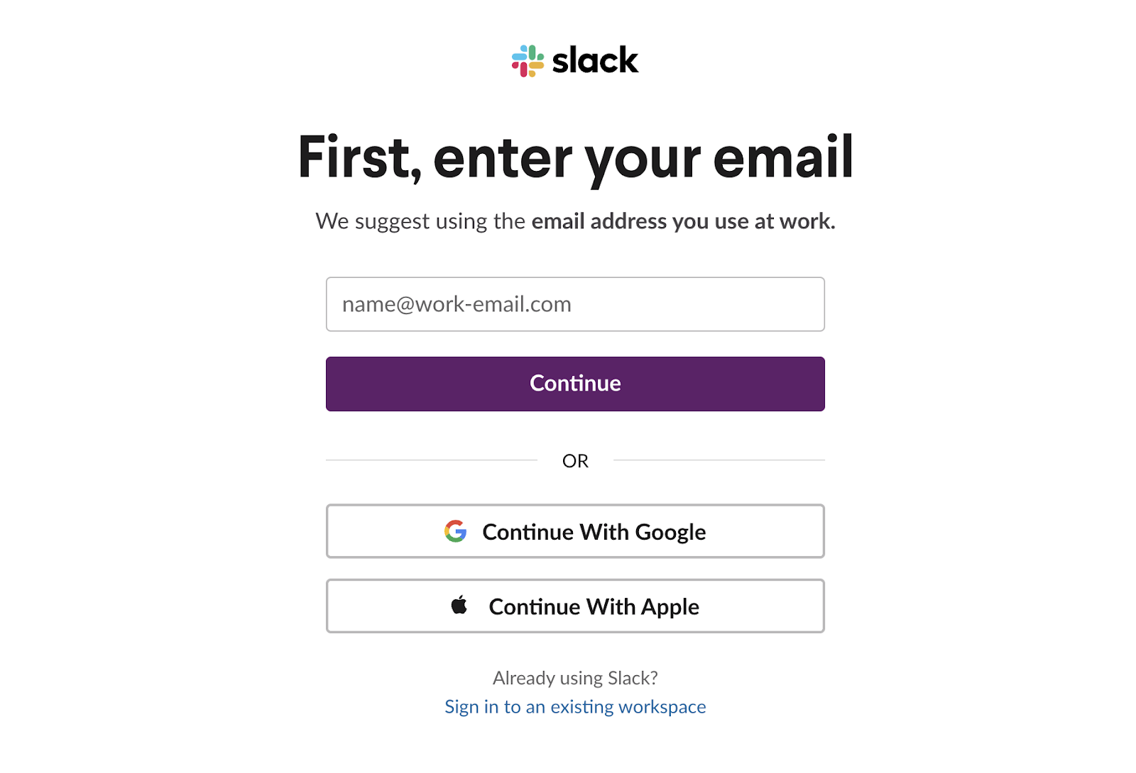 "First, enter your email" pop up window in Slack
