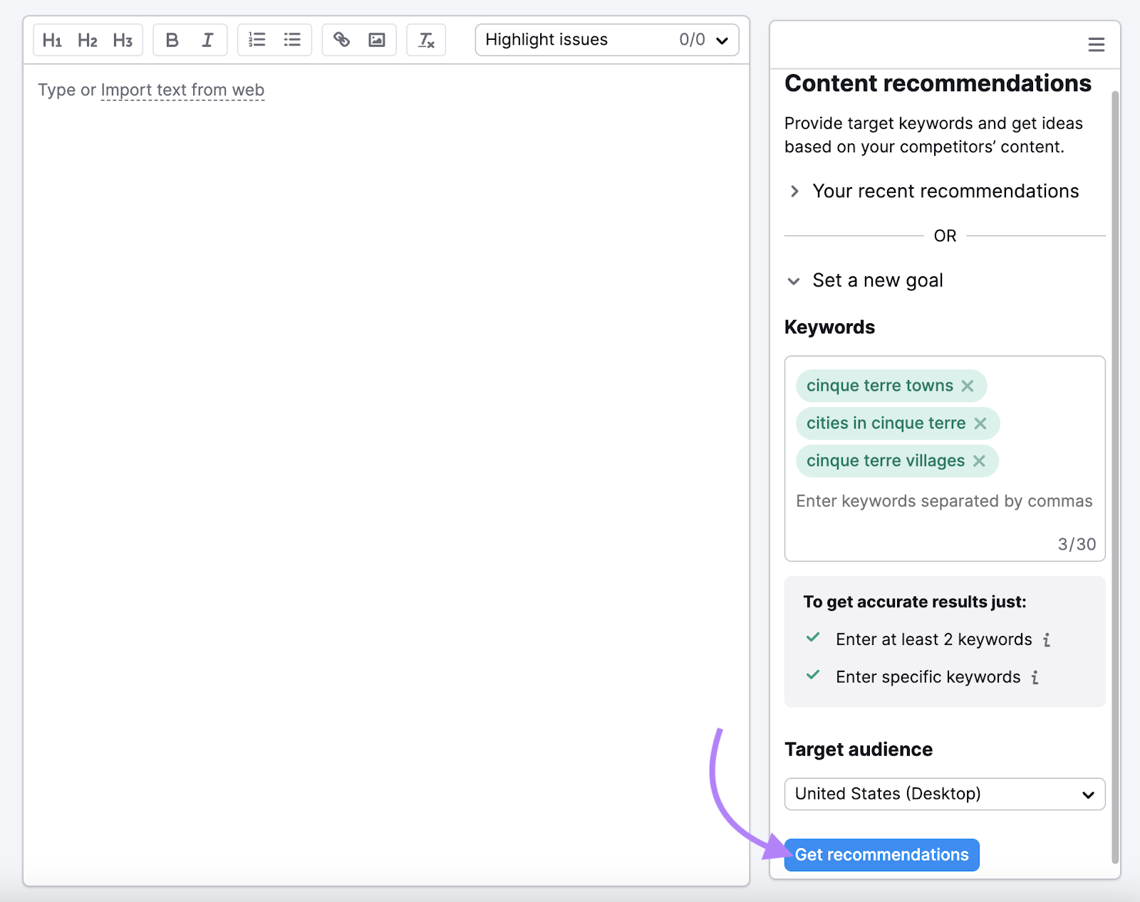 keywords similar  cinque terre towns, cities successful  cinque terre, and cinque terre villages entered into SEO Writing Assistant