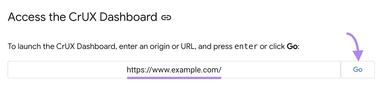 "CrUX Dashboard" tool start with "https://www.example.com" entered as the domain and the "Go" button clicked.