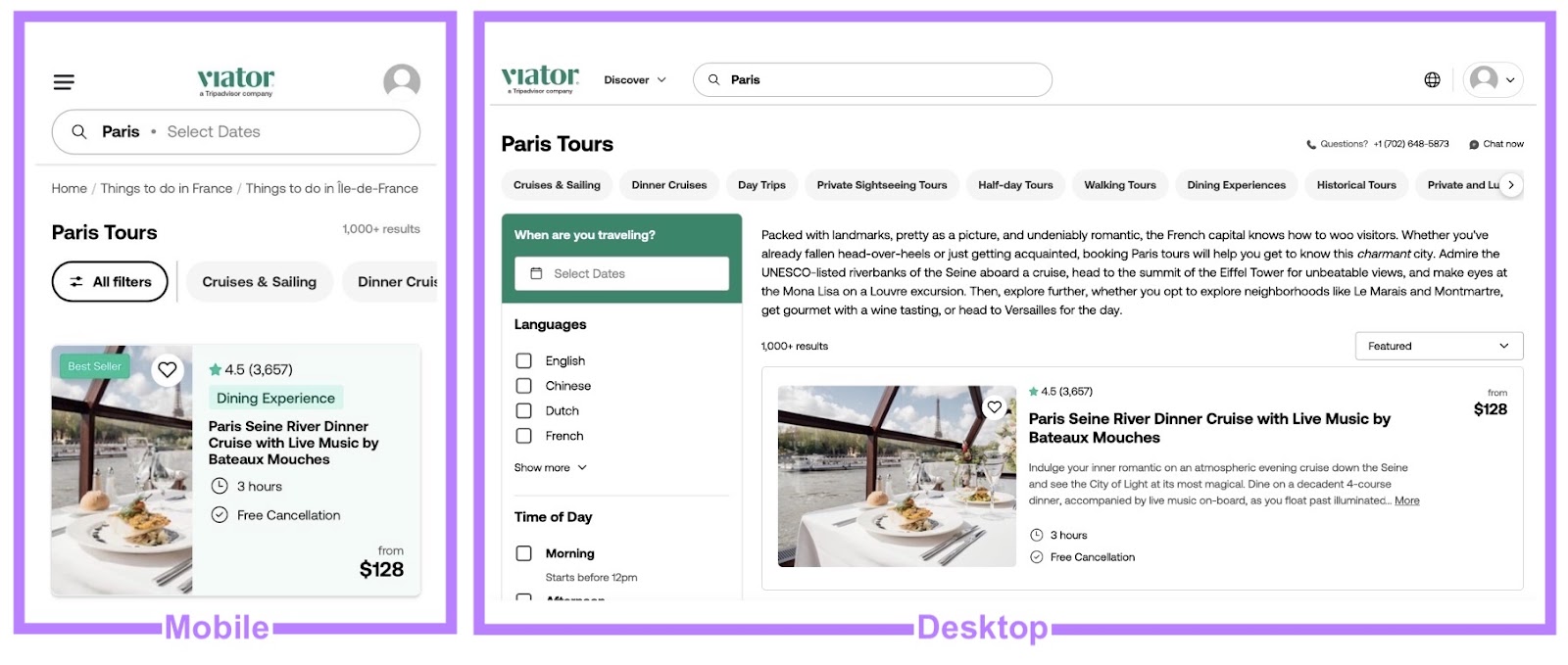 Comparison of how a page on Viator appears on a mobile versus a desktop device.