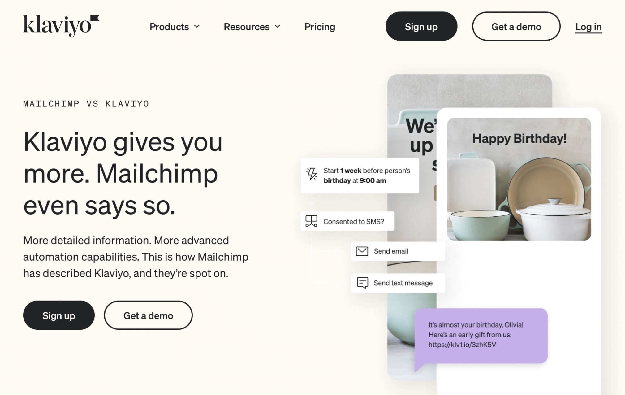 Klaviyo's "Klaviyo vs Mailchimp" landing page