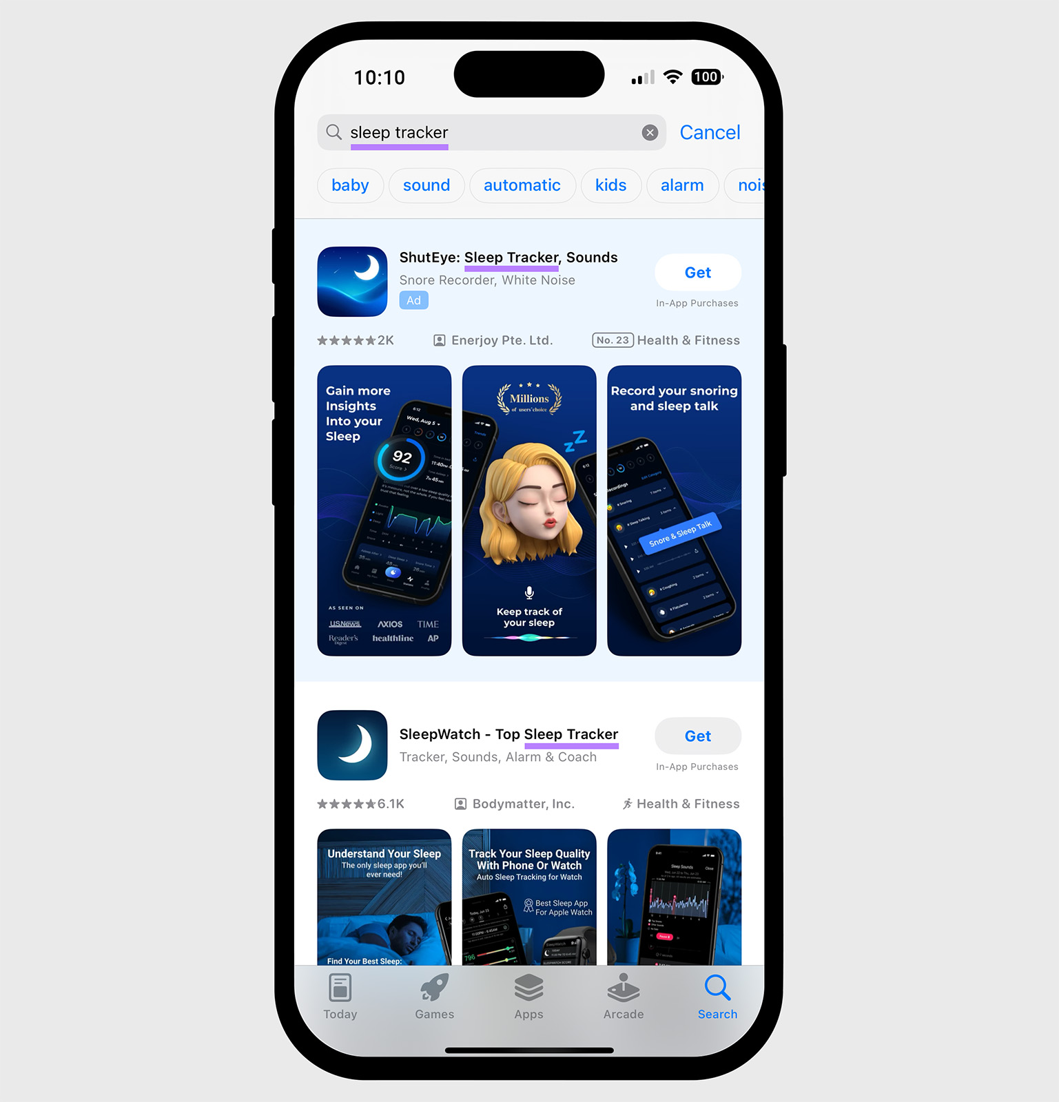 Apple App Store search results for 'sleep tracker' with the keyword 'sleep tracker' highlighted in listing titles