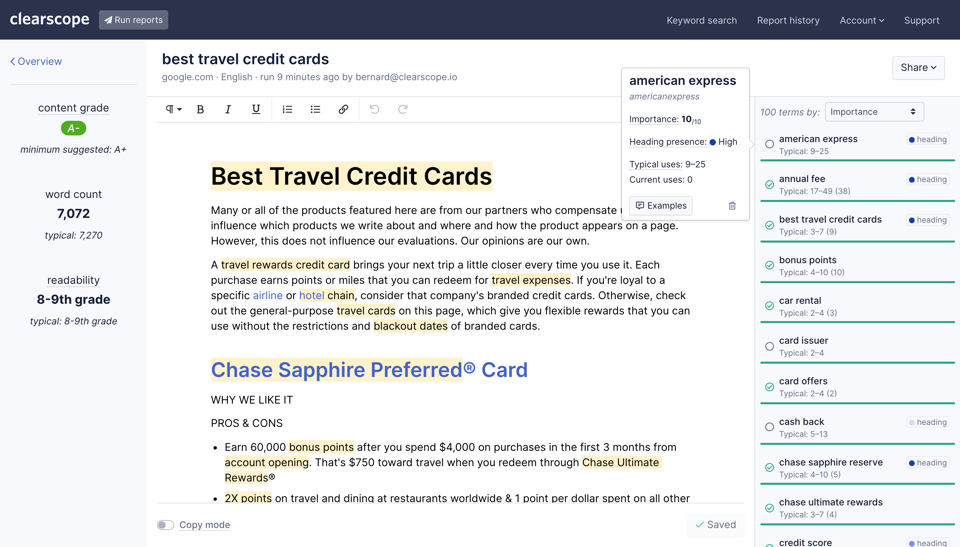 Clearscope editor with content on "Best Travel Credit Cards"