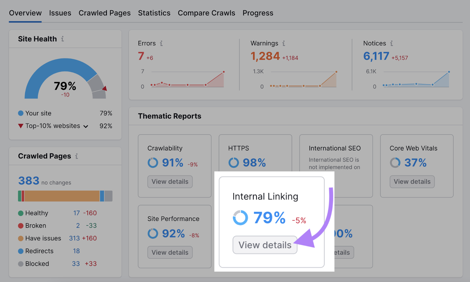 where to find “Internal Linking” thematic report