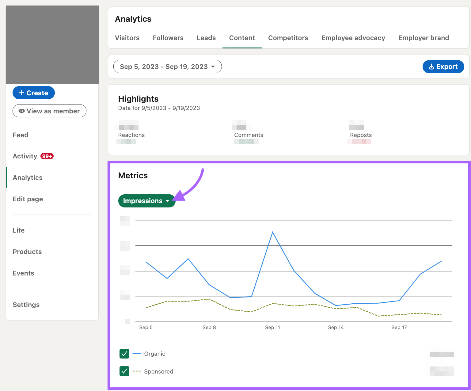 “Impressions'' chart in LinkedIn analytics