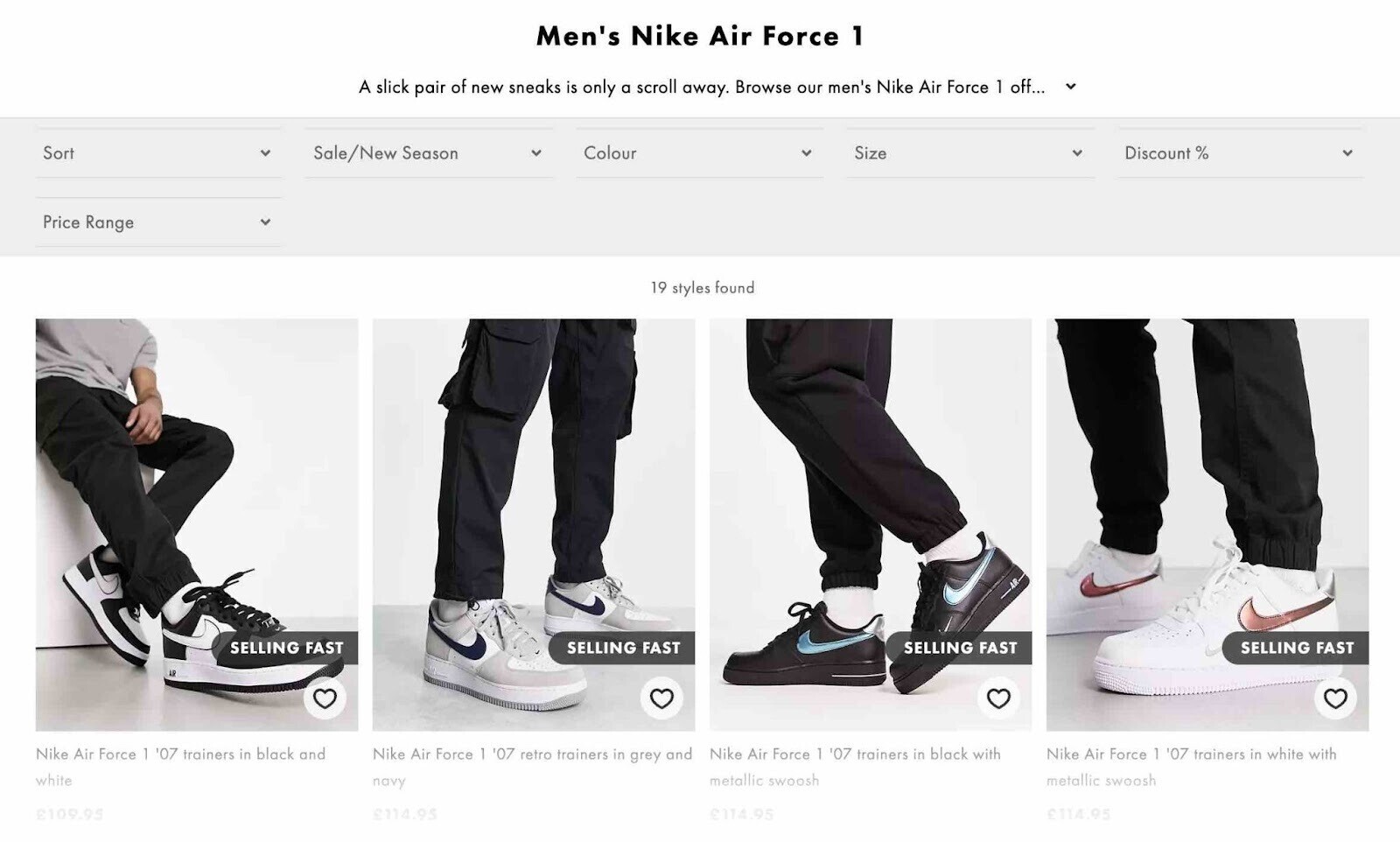 Asos 的 Nike Air Force 类别页面