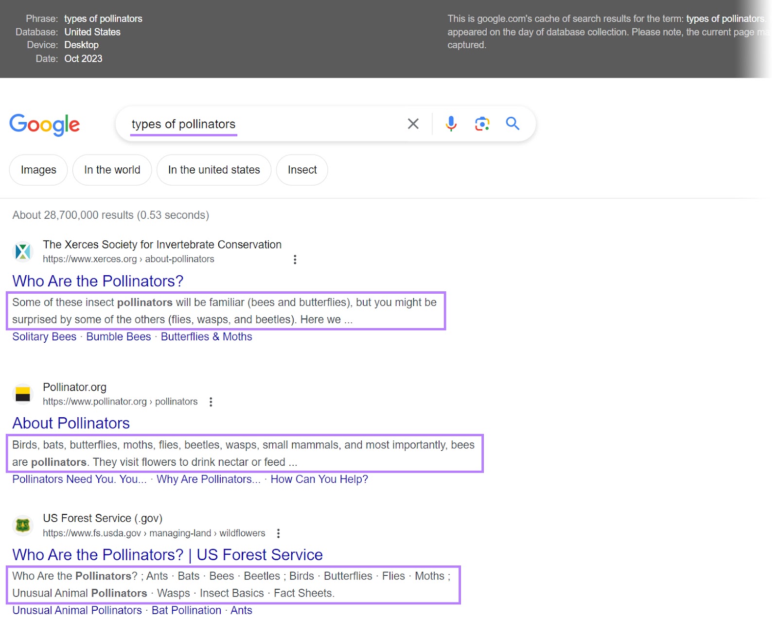 A preview of Google's SERP for "types of pollinators" query