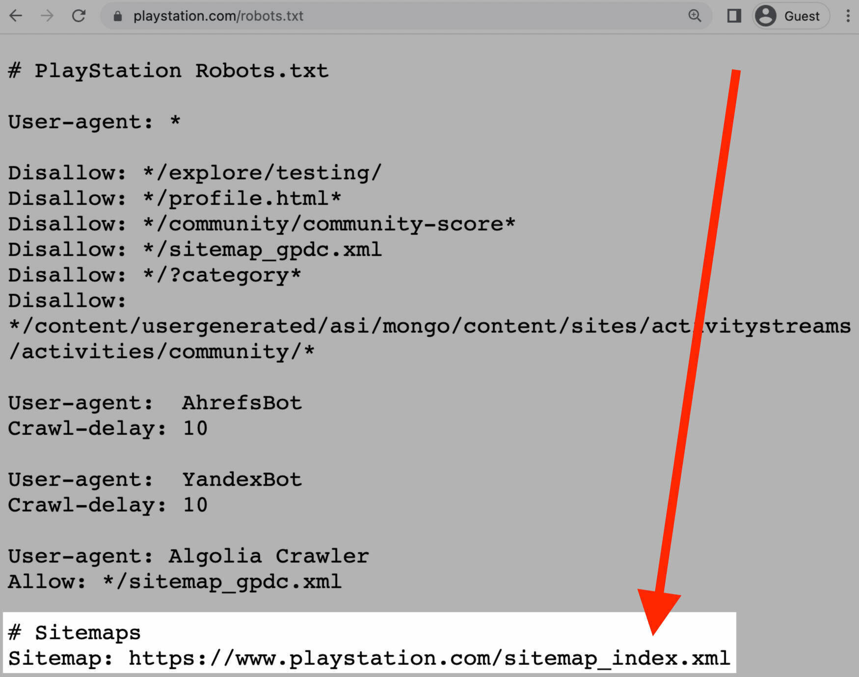 Playstation's robots.txt with their sitemap at the bottom