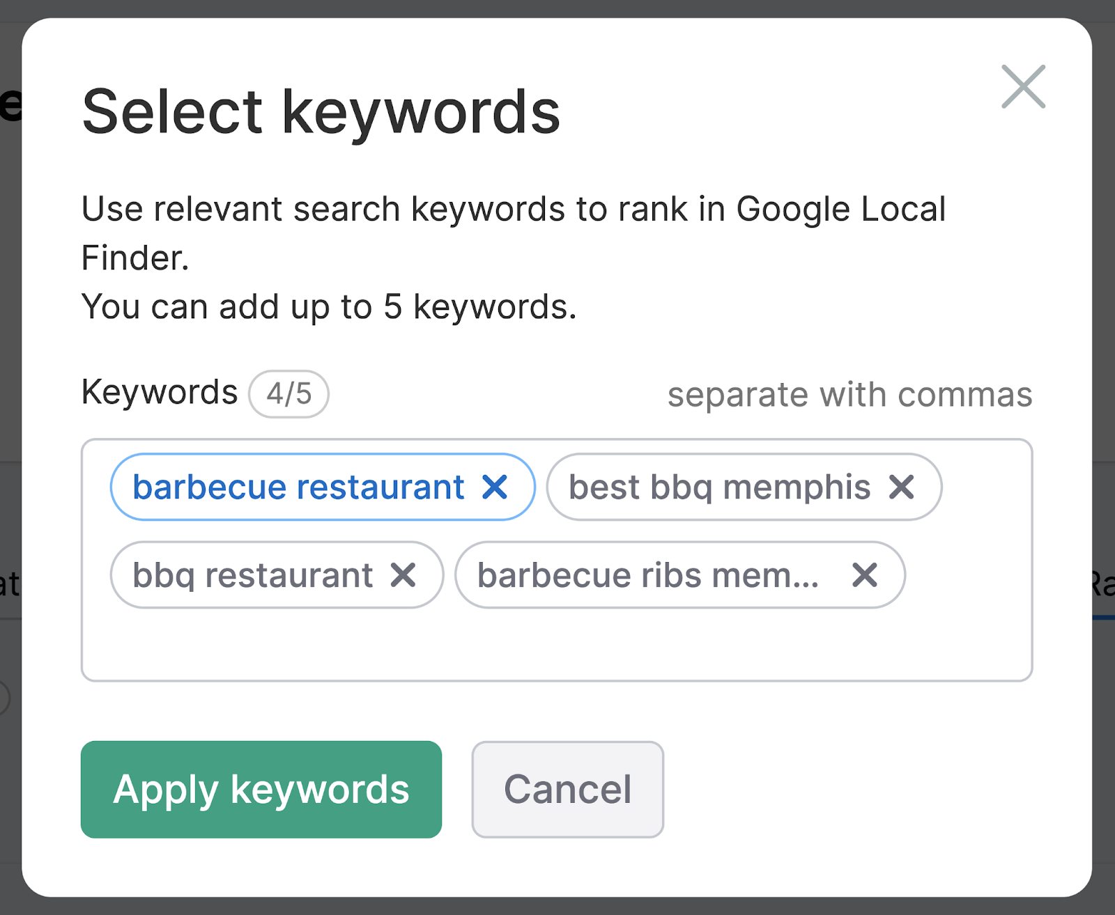 Select keywords page
