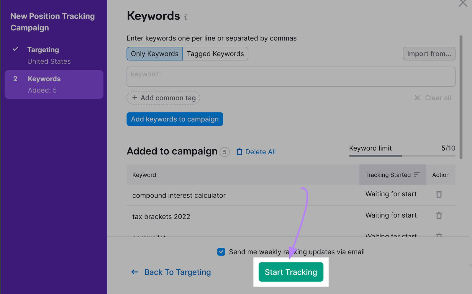“Start Tracking” button highlighted