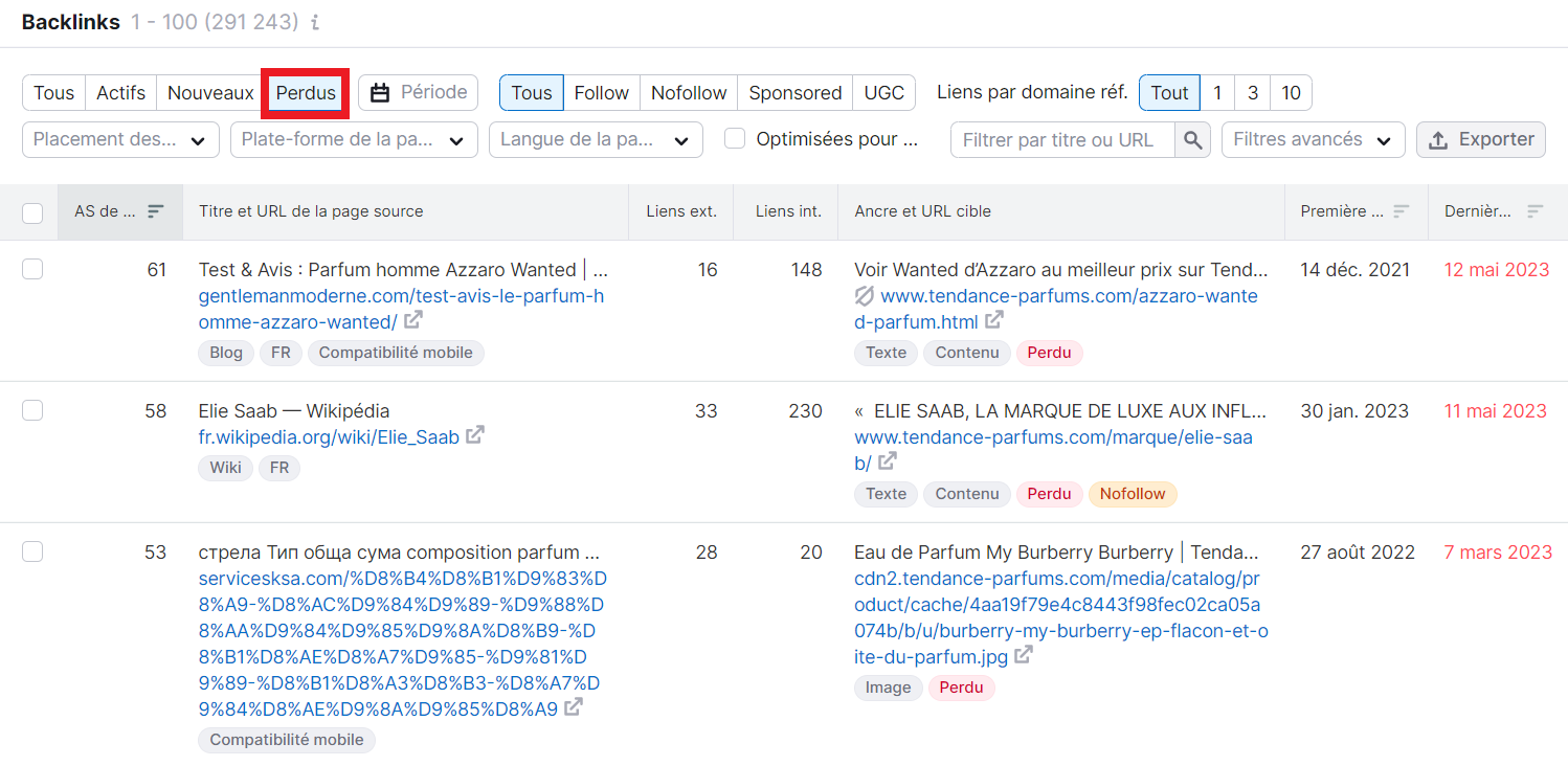 Liste de backlinks perdus chez les concurrents