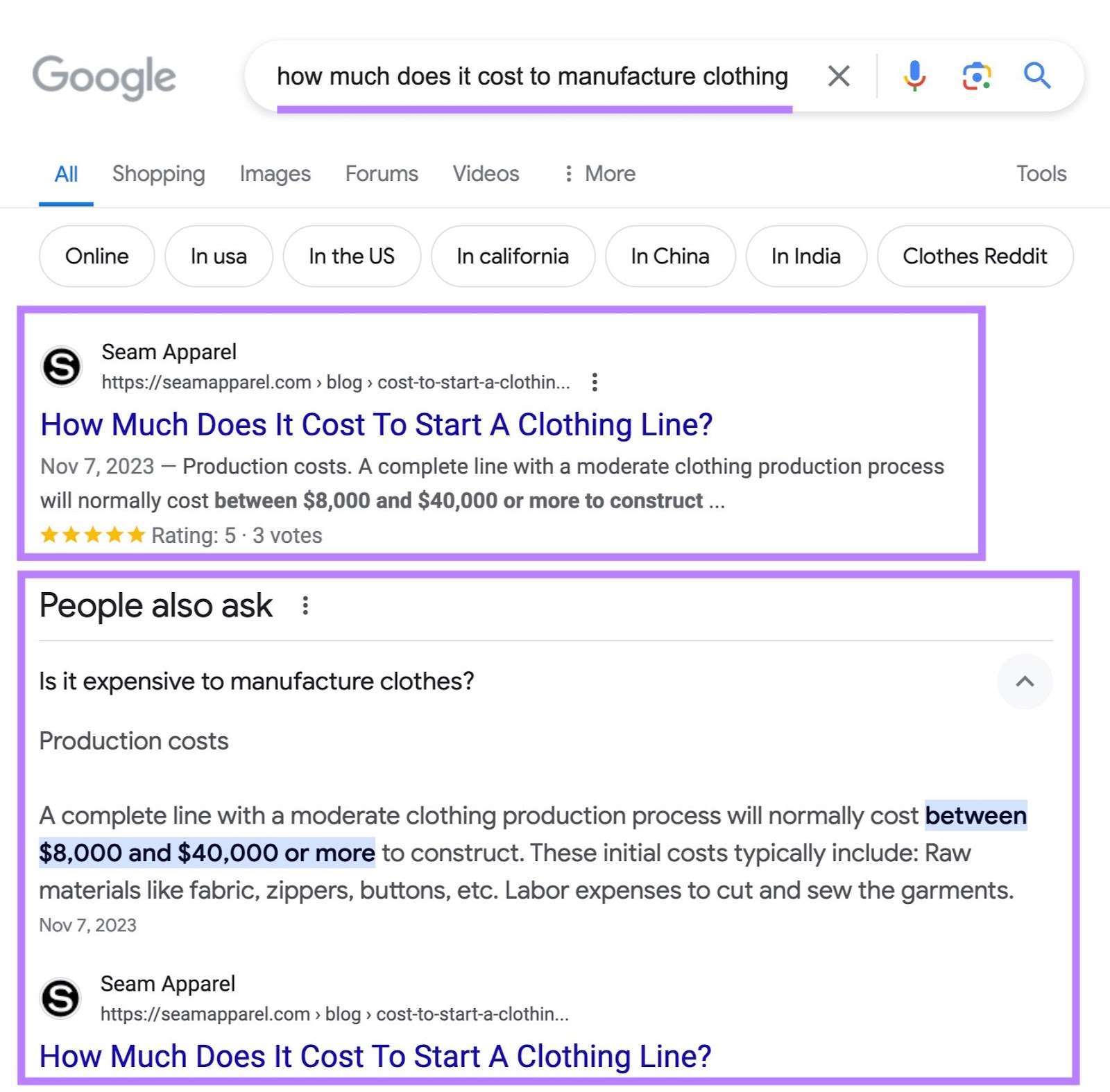 A clothing manufacturer appearing as the top result and in the "People Also Ask" section on Google's SERP.