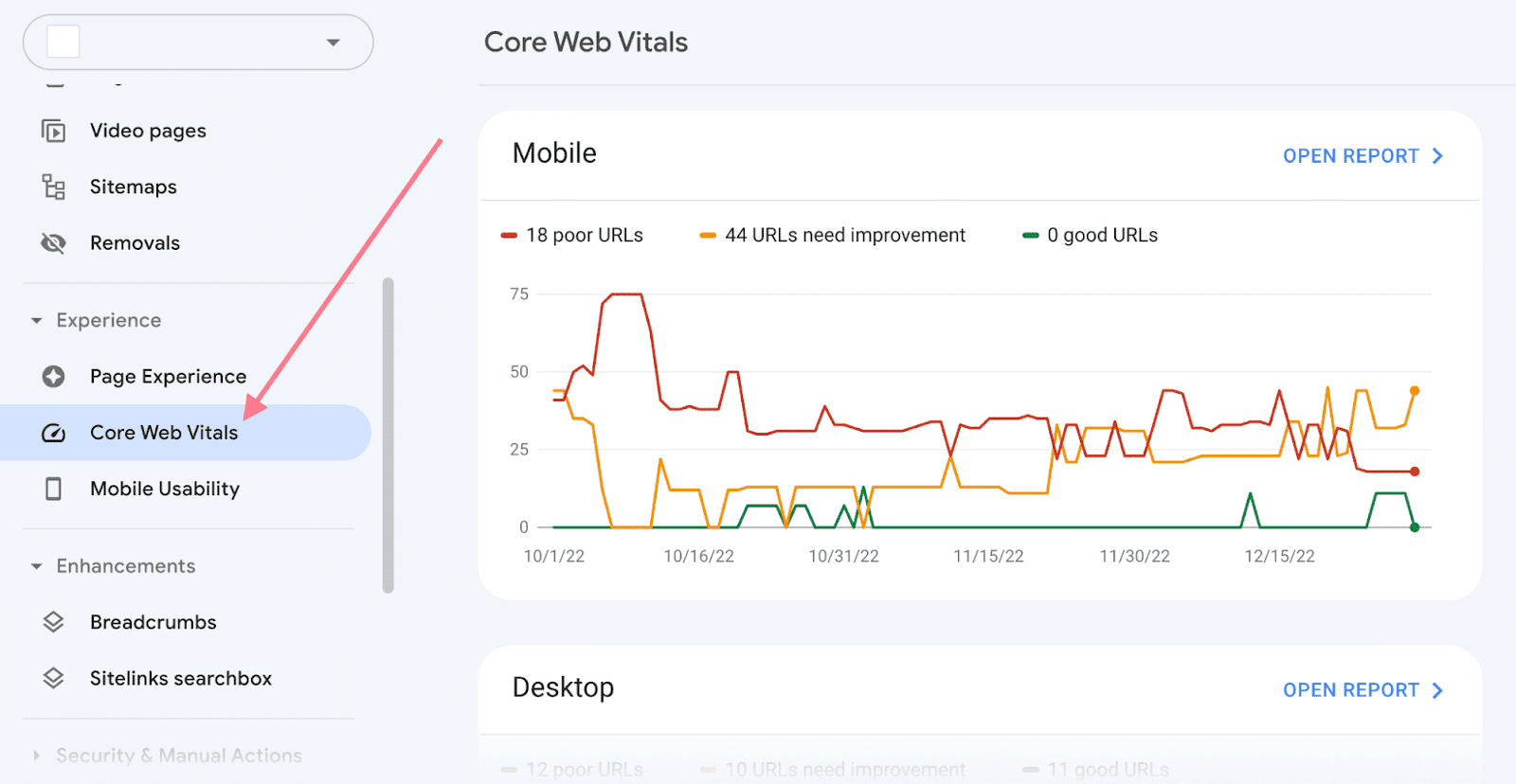 Navigating to "Core Web Vitals” in GSC sidebar