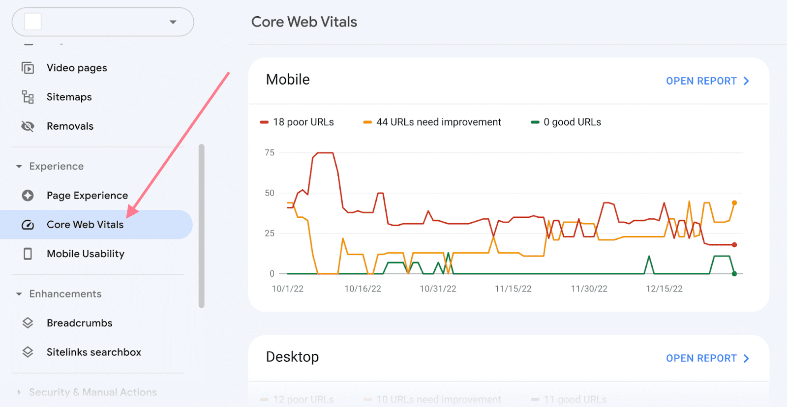 Navigating to "Core Web Vitals” successful  GSC sidebar