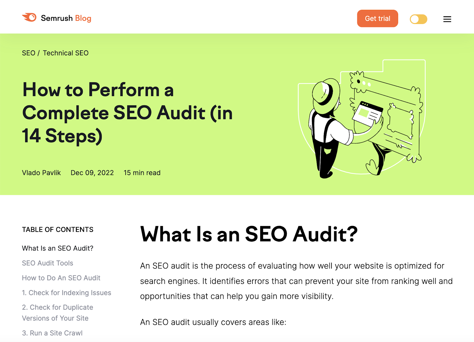 Semrush blog post on SEO audits page