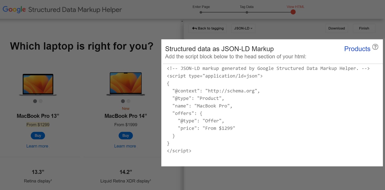 Google Structured Data Markup Helper tool with the JSON-LD HTML Markup script highlighted.