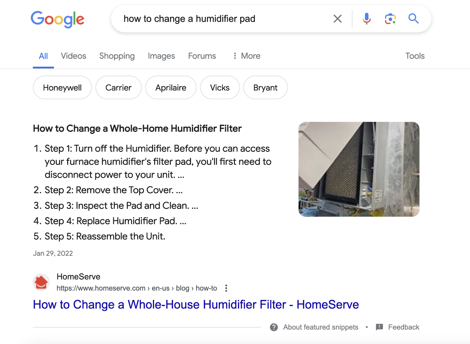search for "how to change humidifier pad" has featured snippet with steps 1 through 5