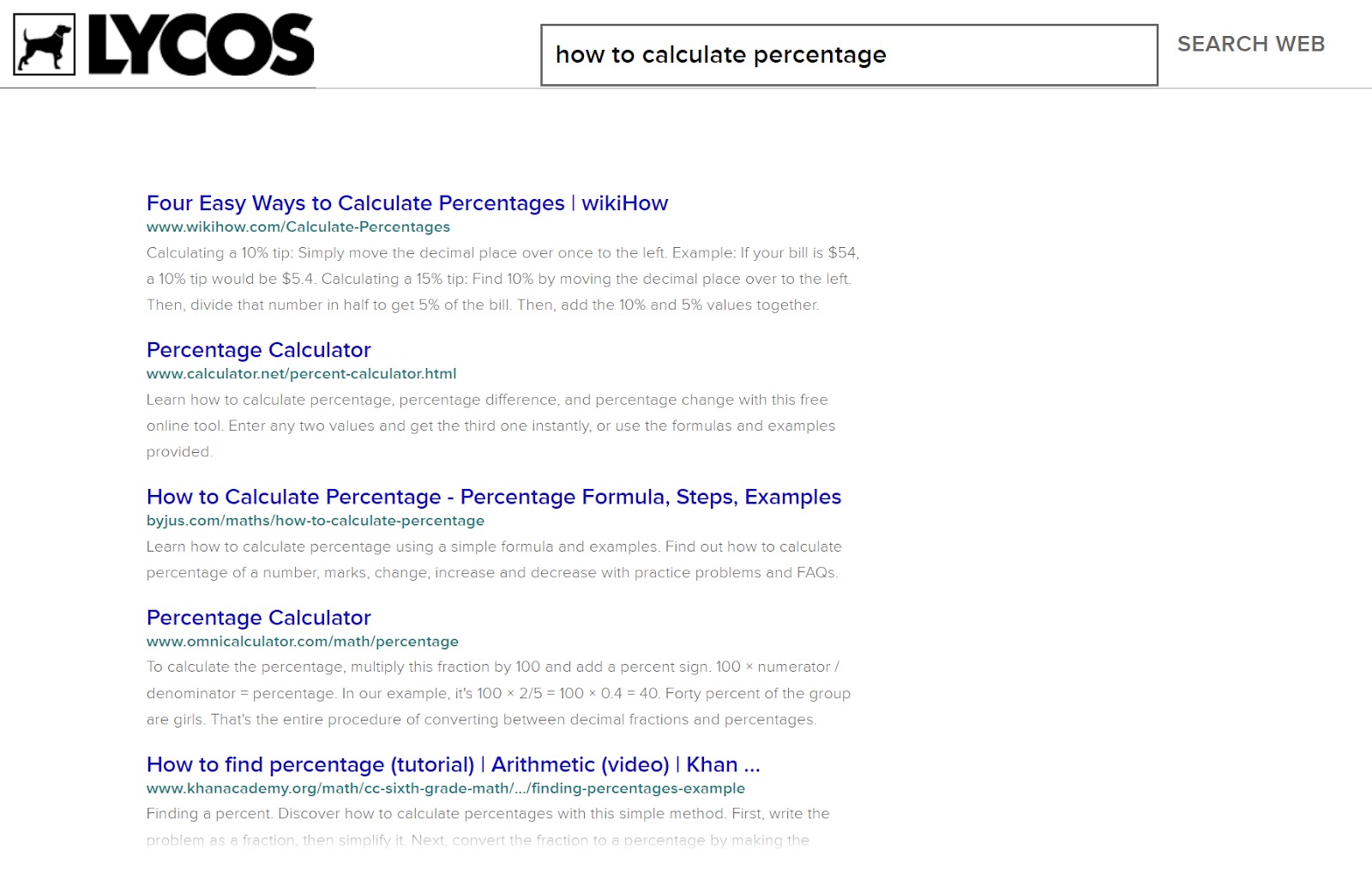 Lycos SERP for "how to calculate percentage"