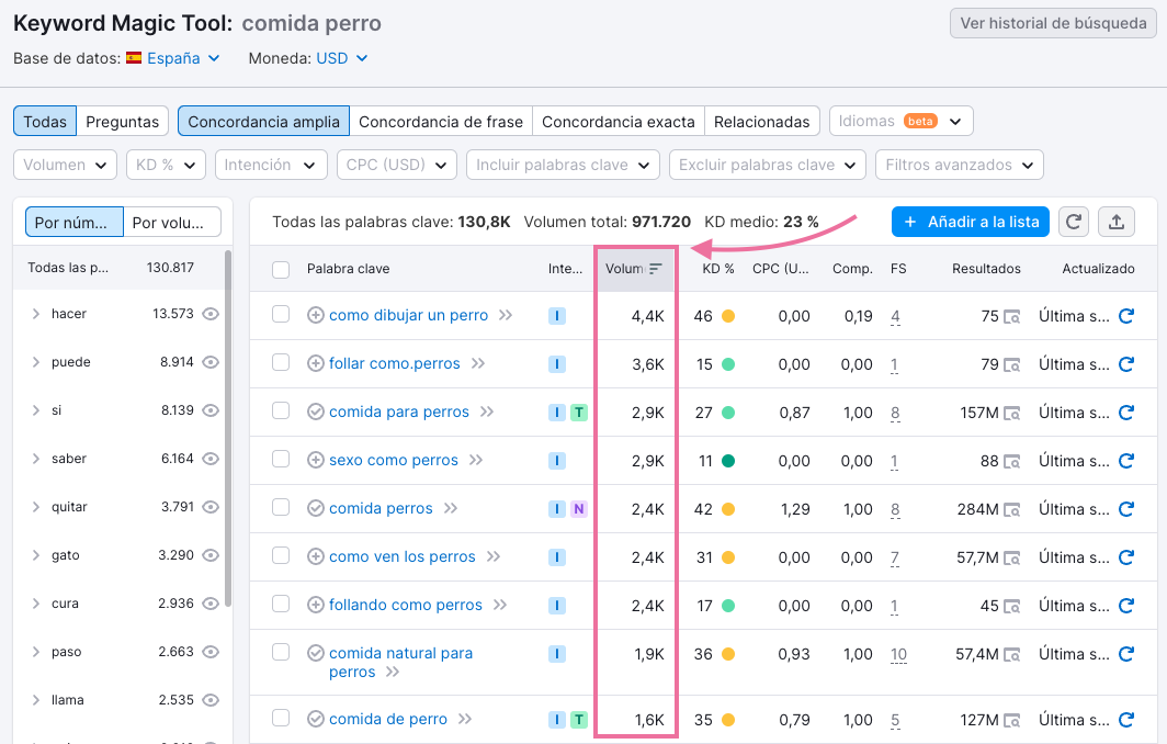 Identifica el volumen de búsqueda con Keyword Magic Tool.