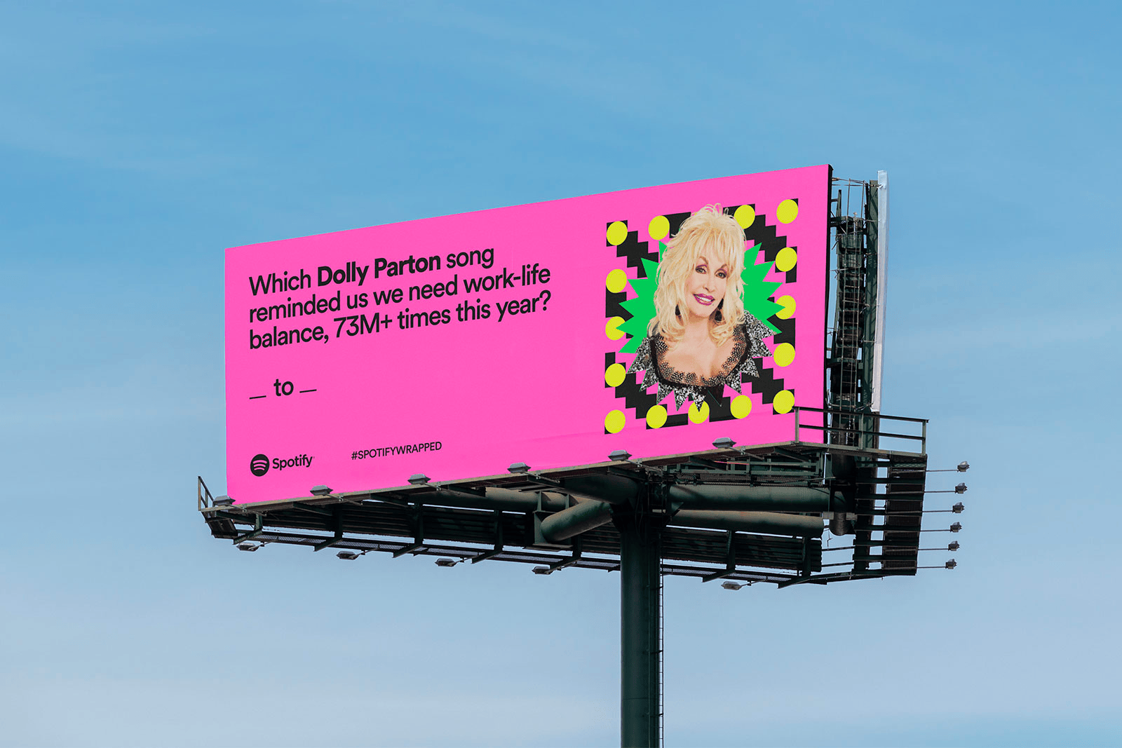Spotify's billboard with "Which Dolly Parton son reminded us we need work-life balance, 73M+ times this year?" headline