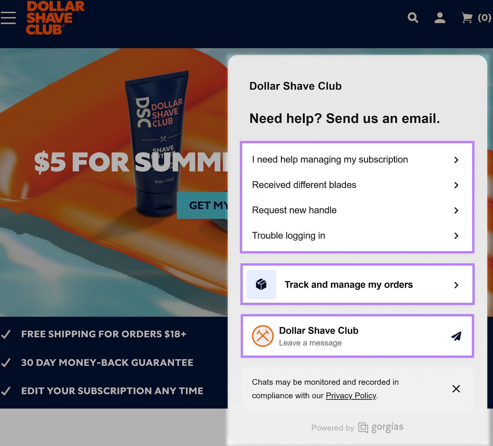 Dollar Shave Club lawsuit    enactment    chat box, showing purple boxes astir   FAQs, bid   issues, and interaction  methods.