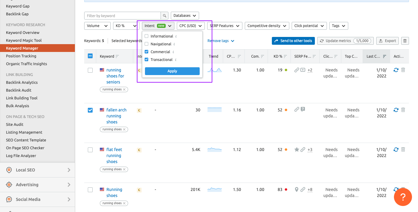 screenshot of the hunt  intent diagnostic   successful  the semrush keyword manager   tool