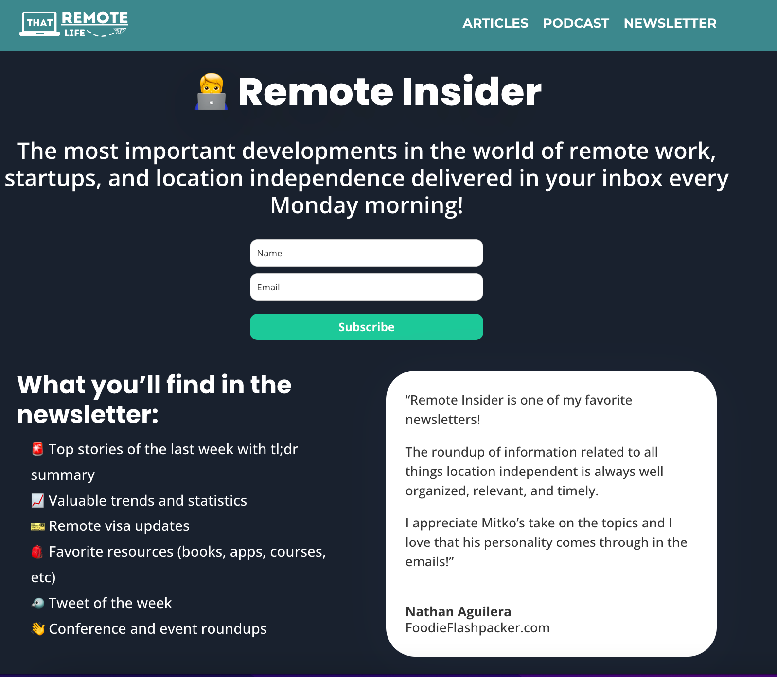 Remote Insider's newsletter signup page