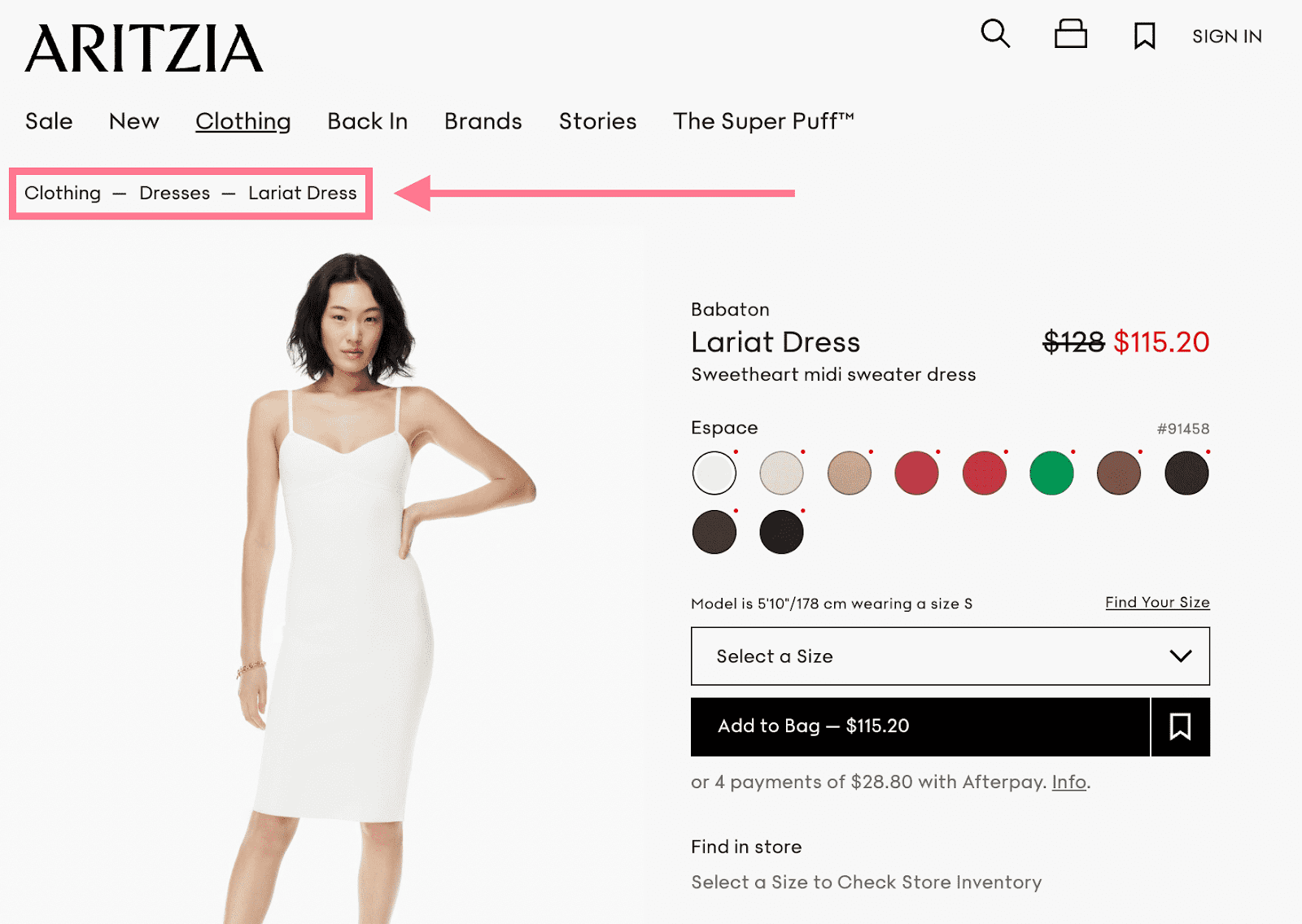 aritzia 网站上的面包屑