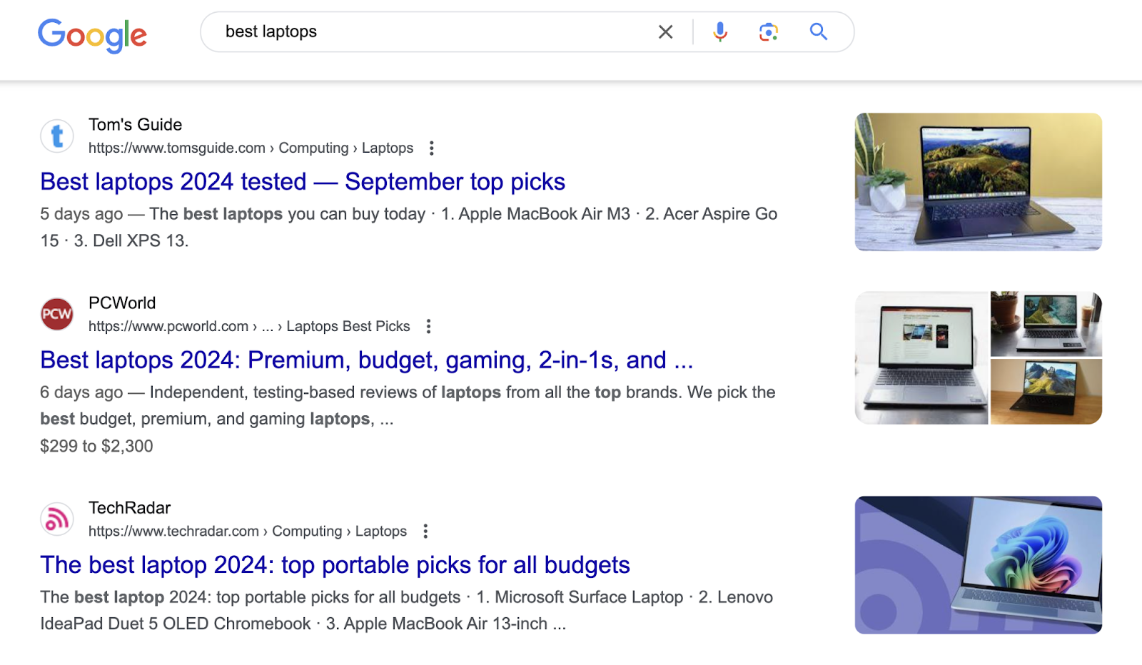 A search for "best laptops" shows laptop reviews with the year shown in the result's title. For example, "best laptops 2024 tested - September picks" or "the best laptop 2024: top portable picks for all budgets"