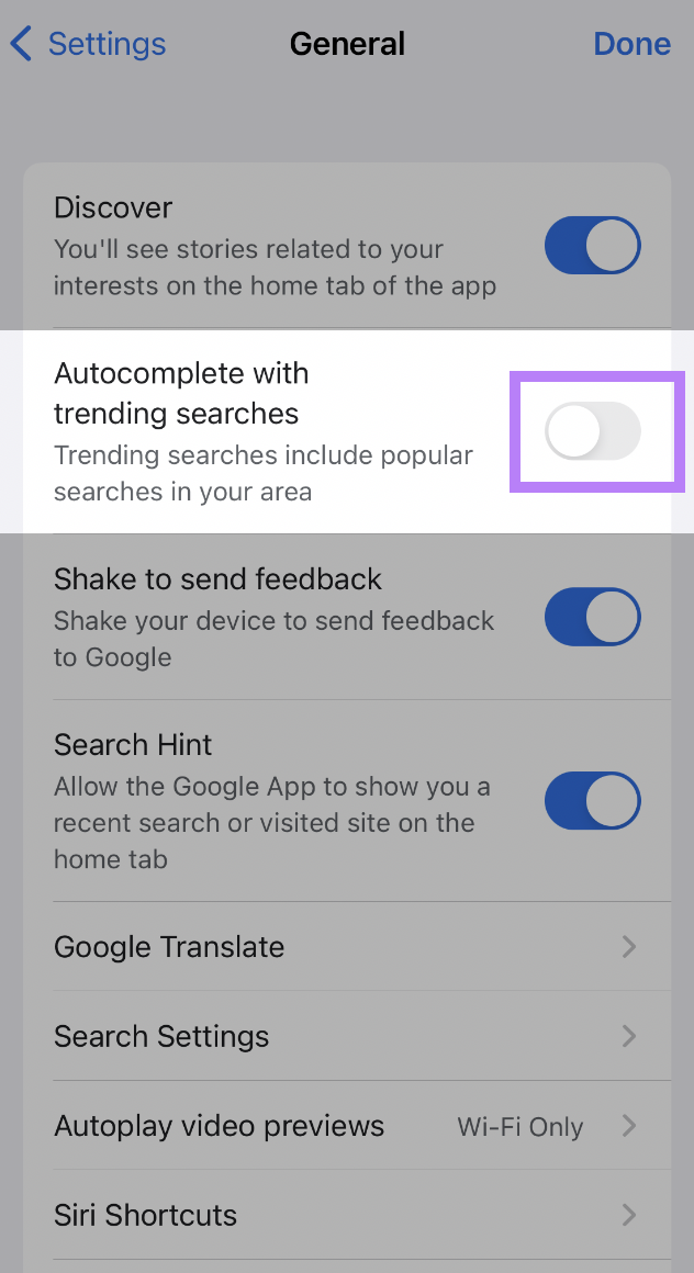 “Autocomplete with trending searches” switch for Apple iOS devices