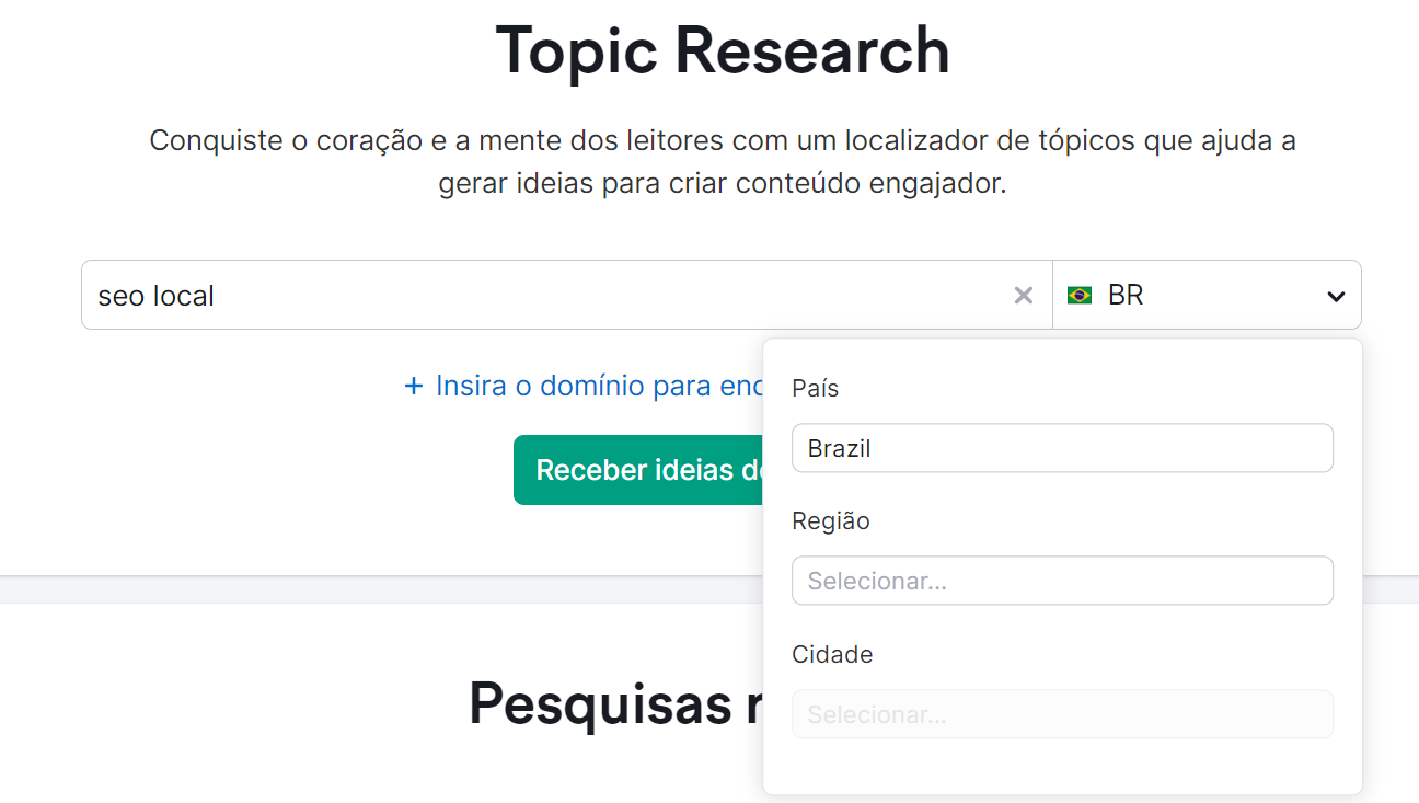 tela inicial ferramenta topic research