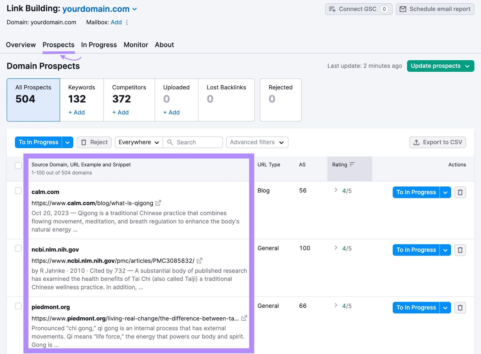 "Prospects" table in Link Building Tool