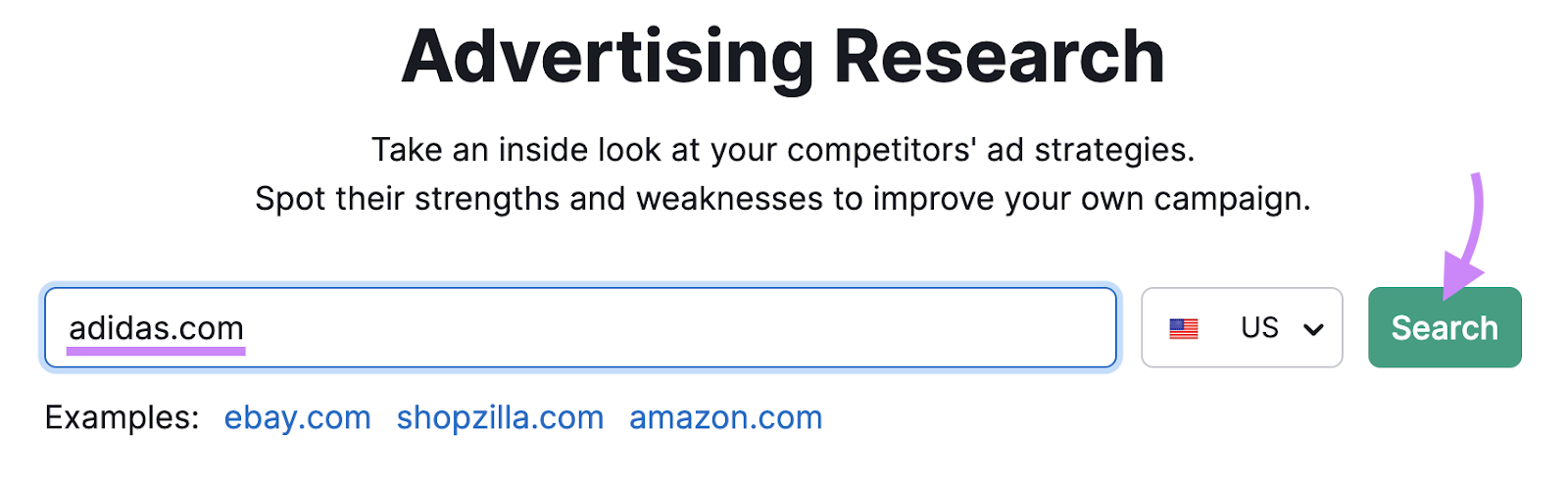 "adidas.com" entered into Advertising Research tool search bar