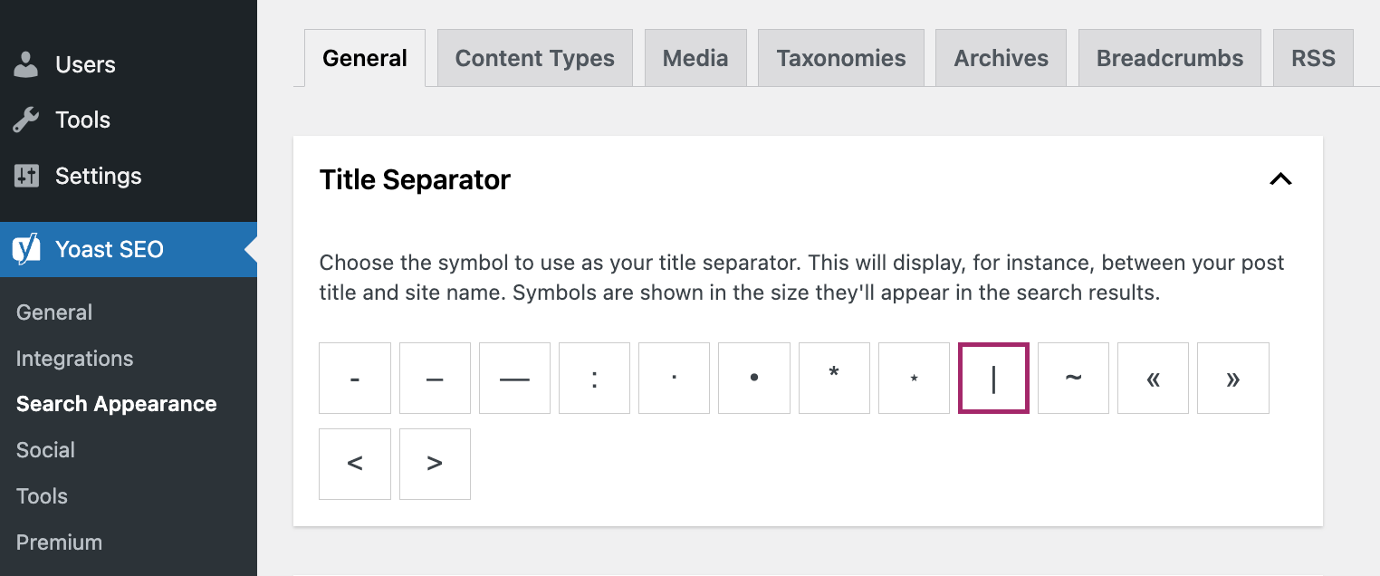 yoast title tag separator