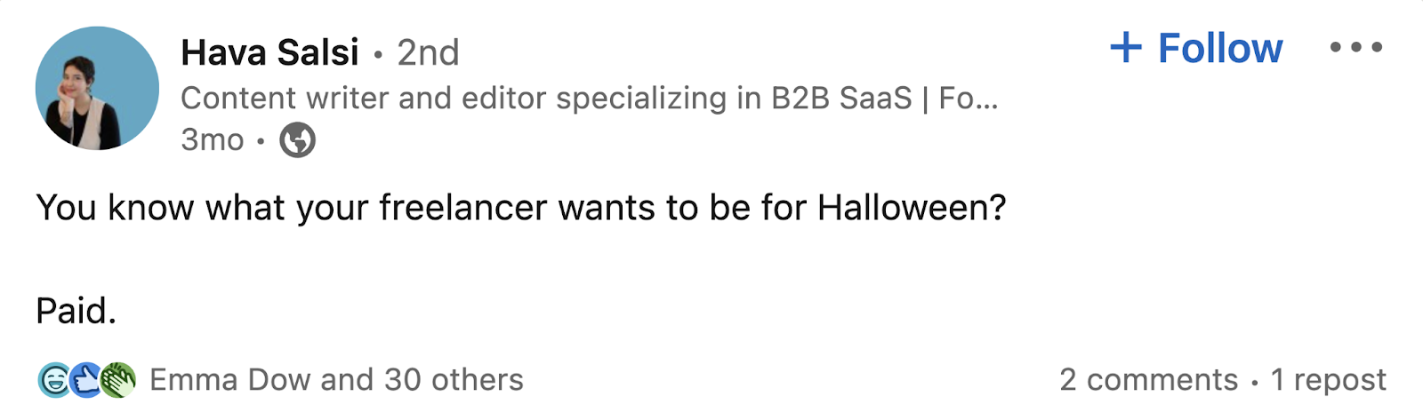 Hava Salsi's LinkedIn post making a joke about freelancers and Halloween