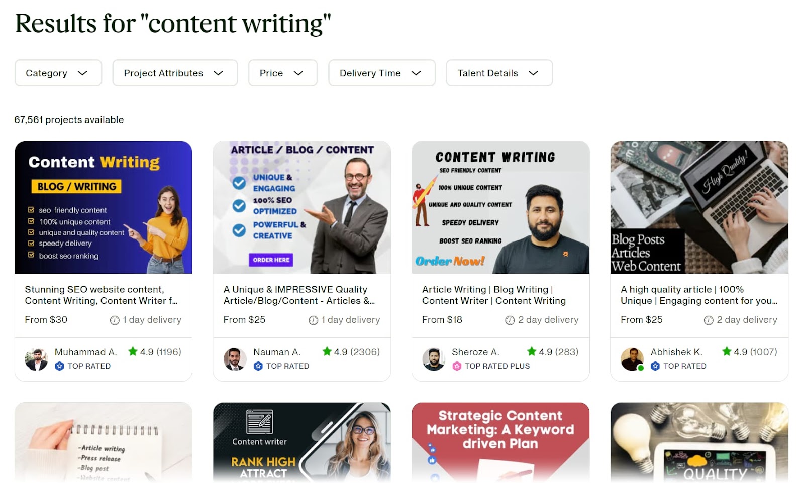 Results for "content writing" page in Upwork, showing a list of pre-defined projects offered by freelancers and agencies