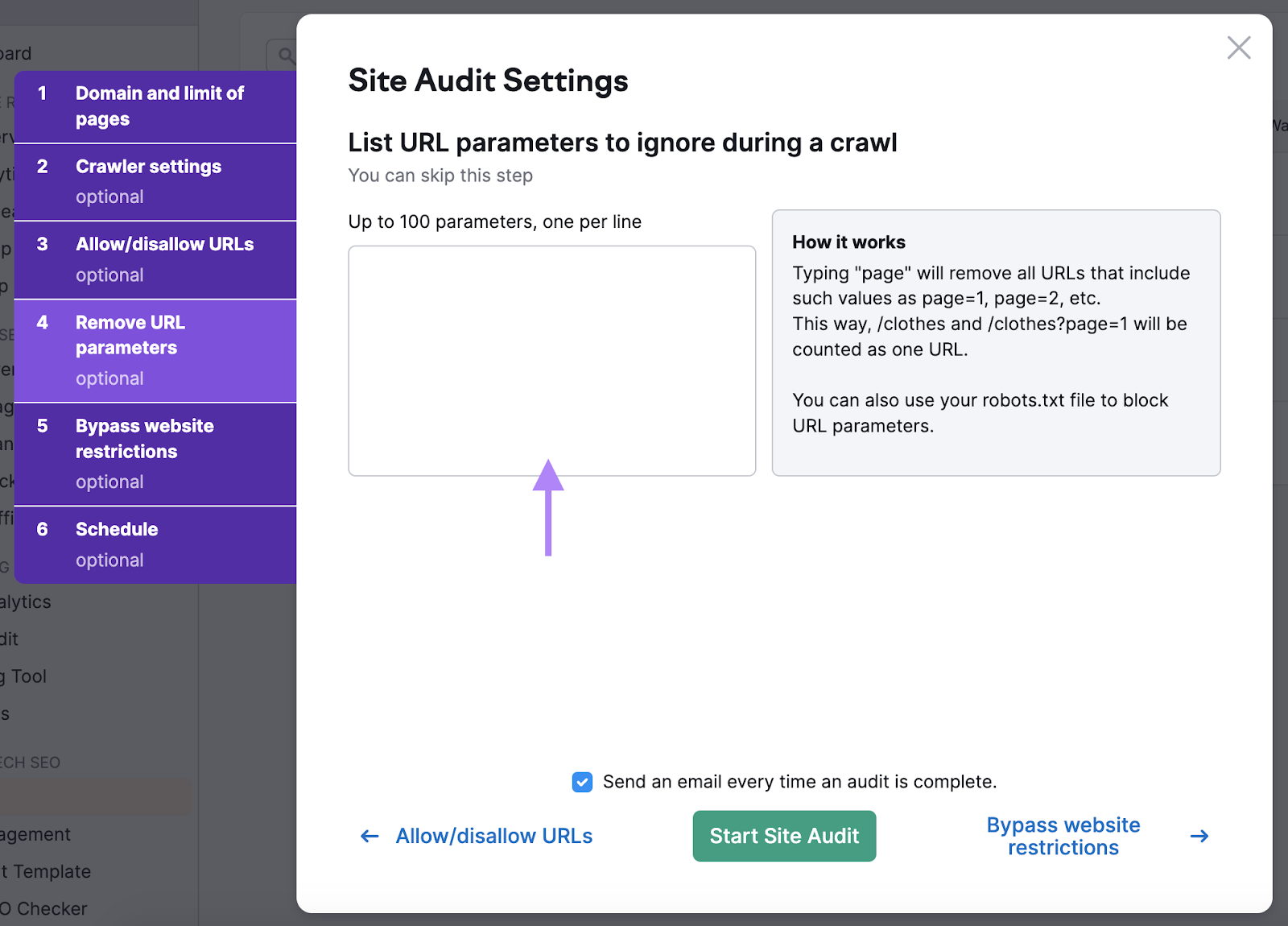 "List URL parameters to ignore during a crawl" settings page