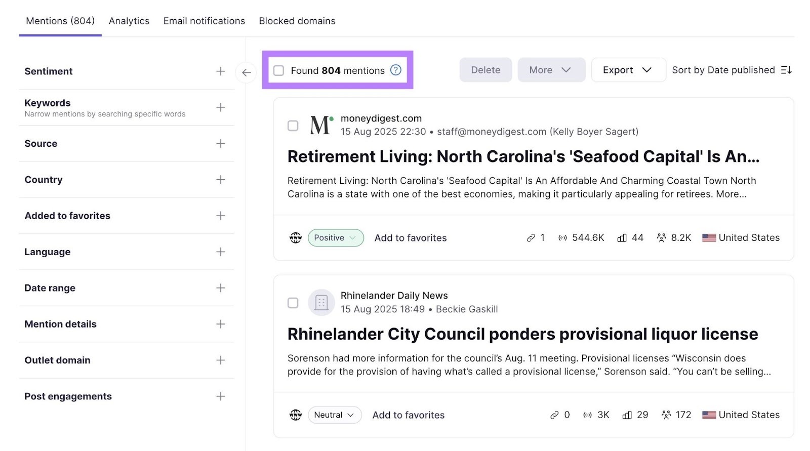A aba "Menções" na ferramenta de Monitoramento de Marca do Semrush.