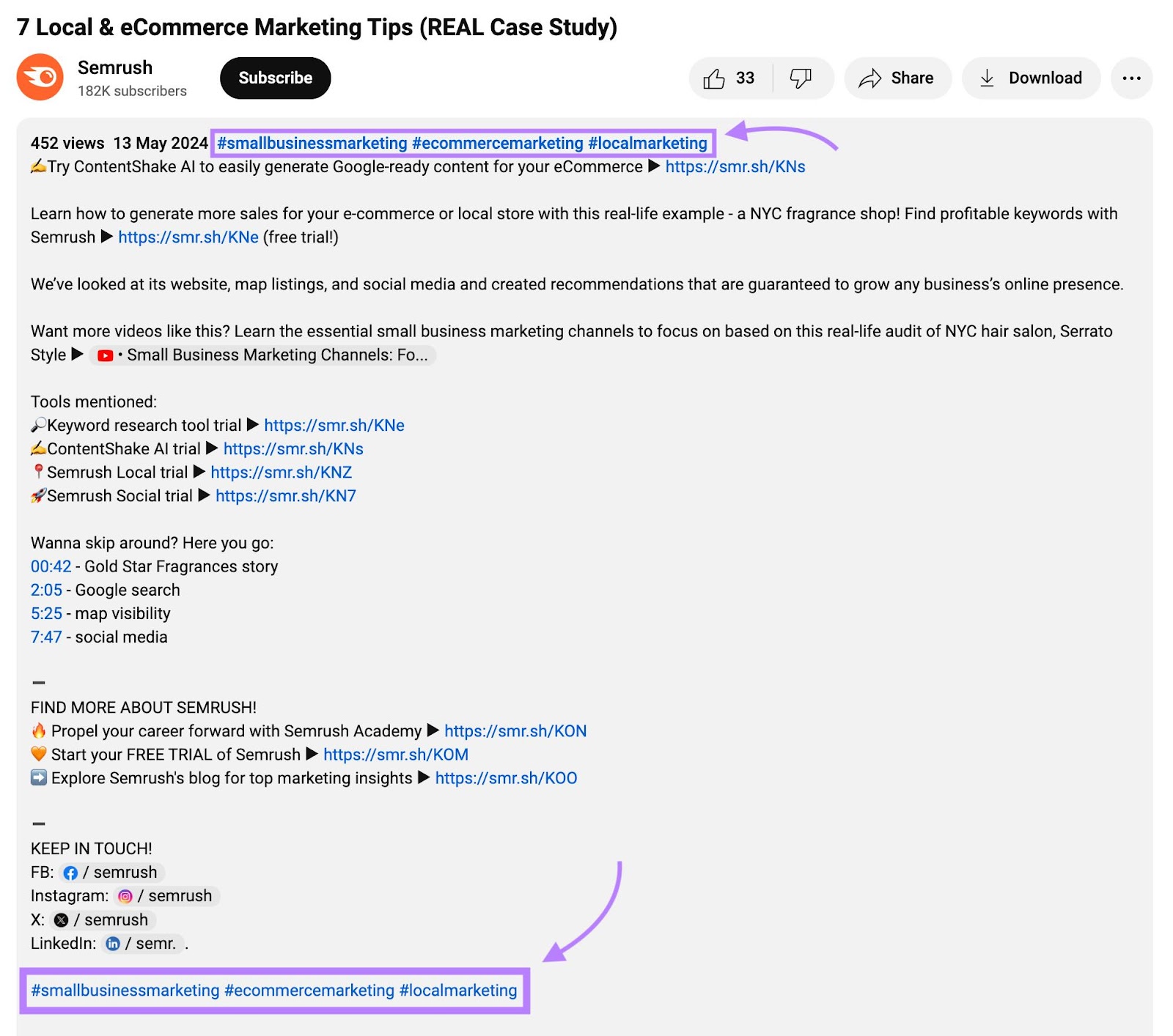 Hashtags appearing connected  a published Youtube video astatine  the apical  and bottommost  of the statement  section.