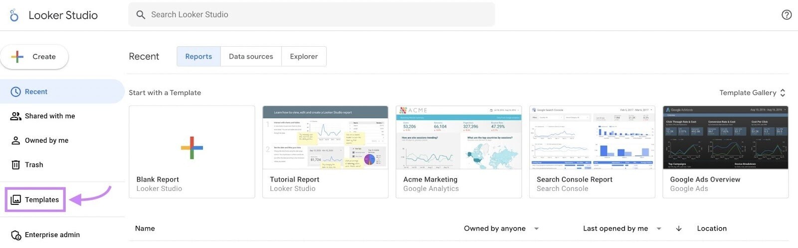 Looker Studio homepage menu with "Templates" highlighted