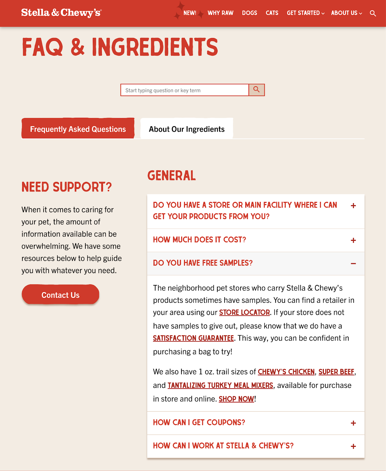  food FAQ page with question search box, faqs list, and contact us button.
