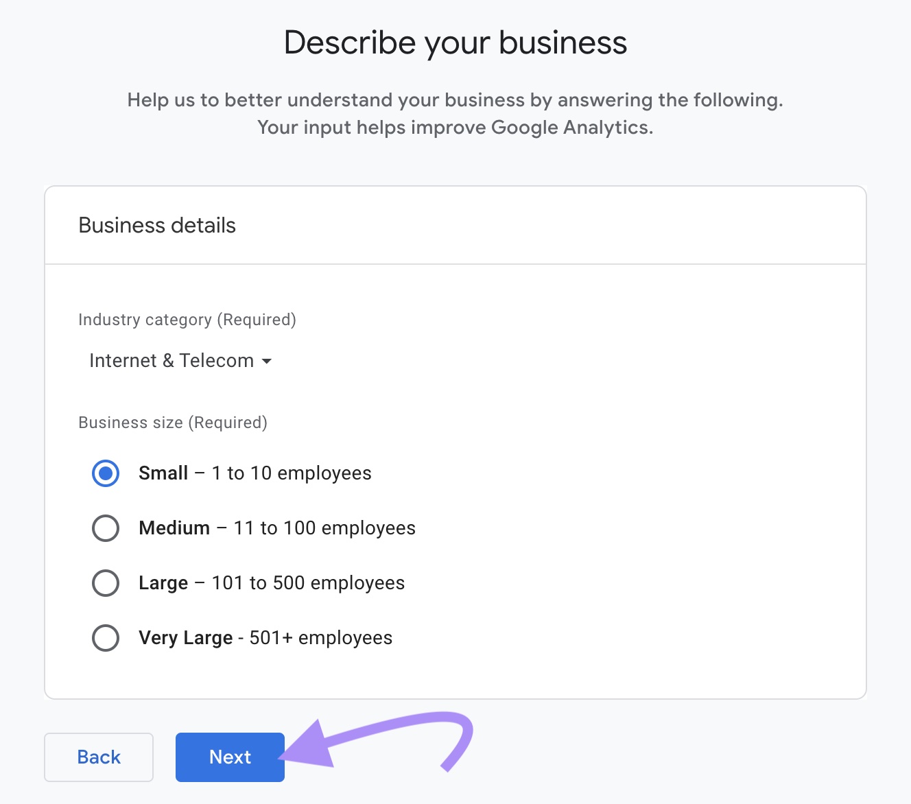 "Next" button highlighted at the bottom of "Describe your business" step